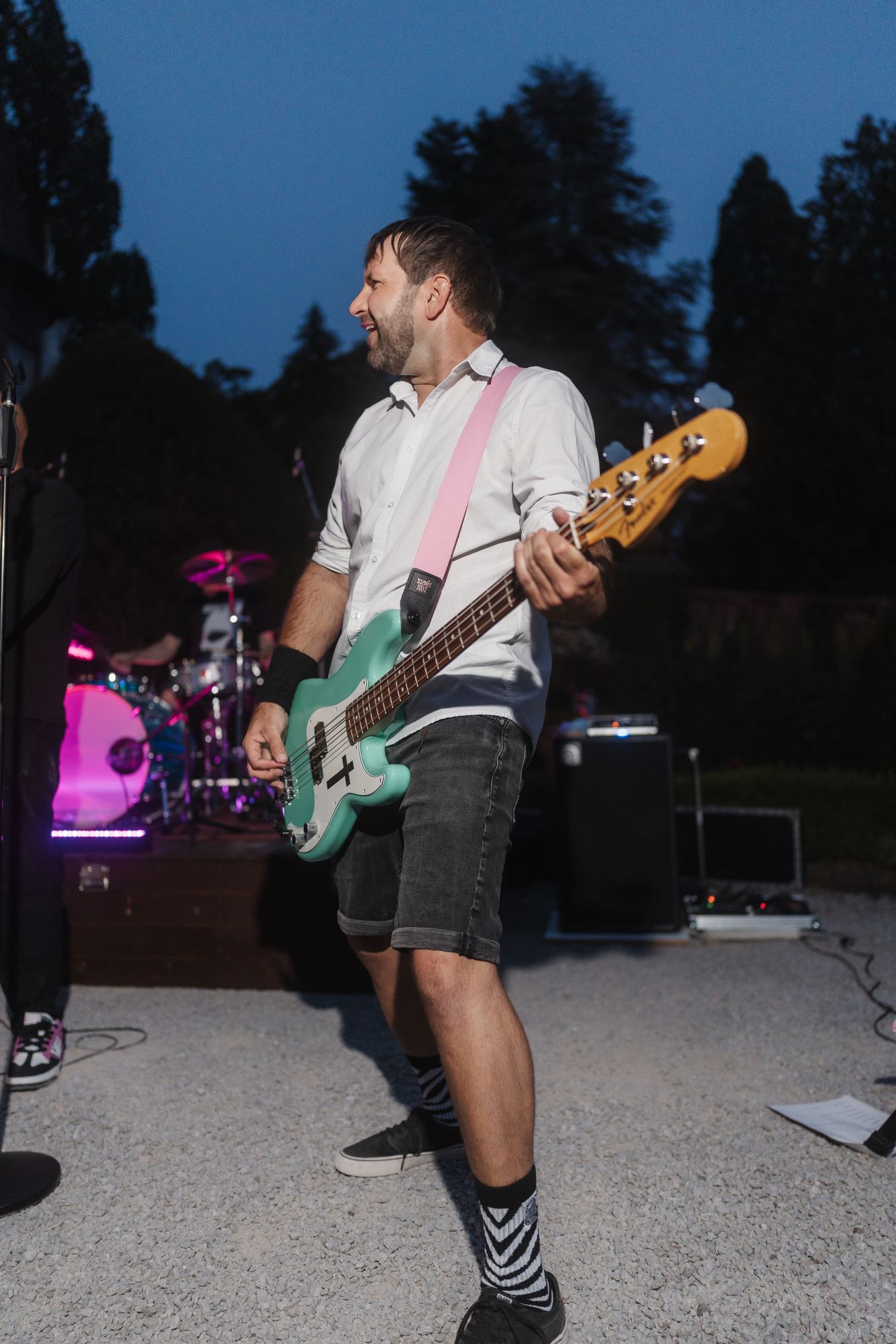 Bass player of the band in the blue hour