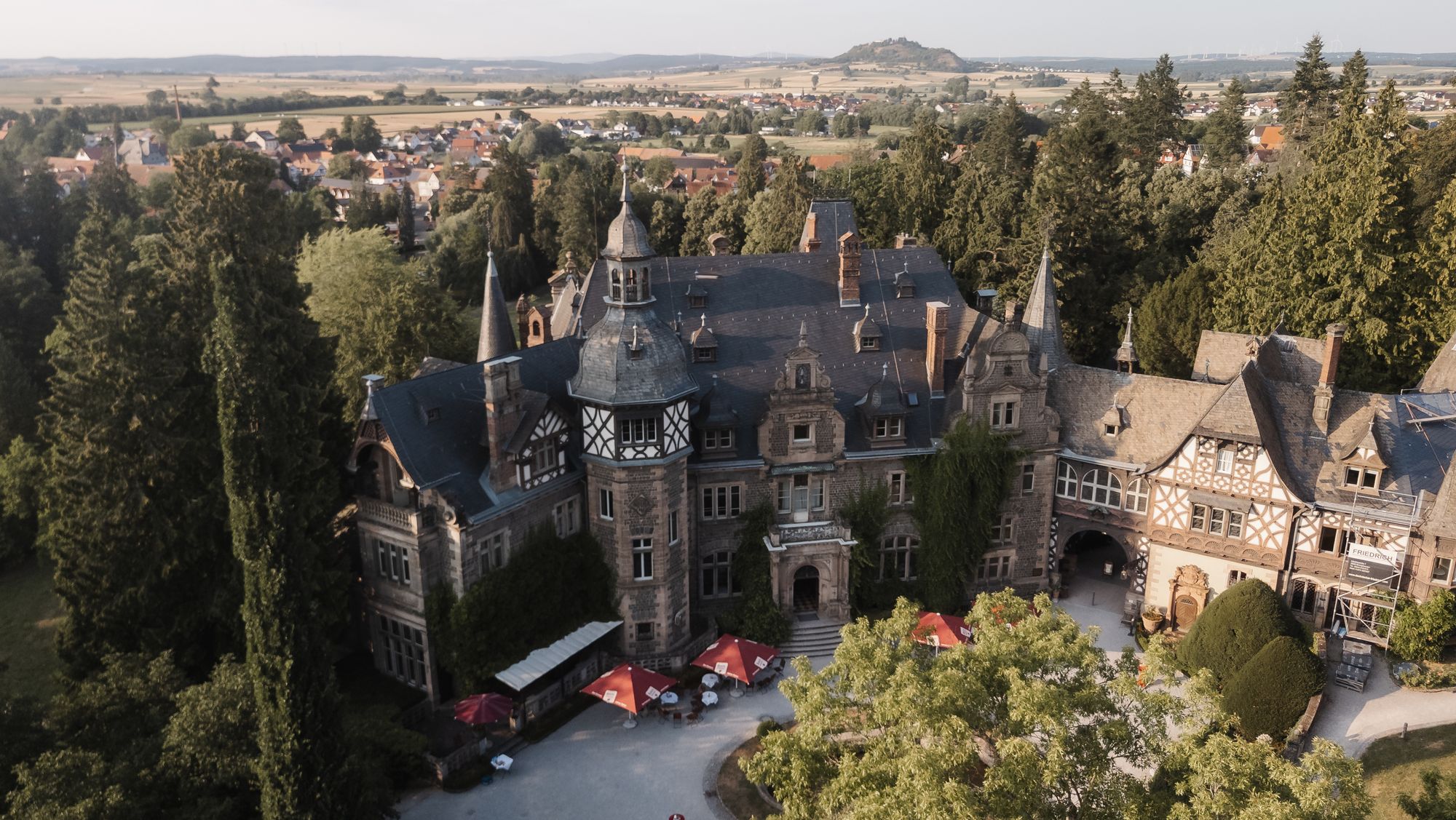 Schloss Rauischholzhausen and its castle park from above, near Marburg and Frankfurt